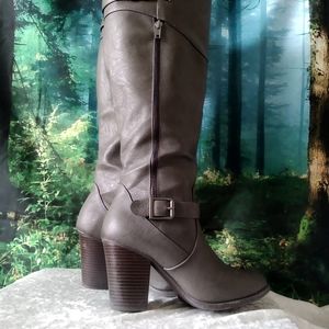 Tall gray heeled boots